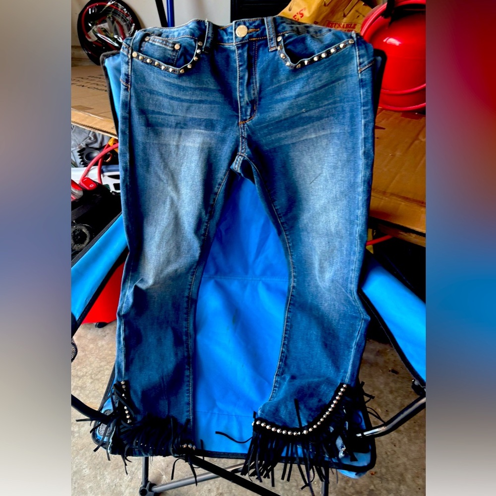 Blue Fringed Women's Jeans with Studs- Venus